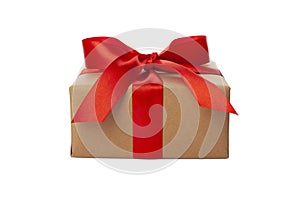 Beautiful wrapped gift box with red ribbon and bow on white background. Present for Christmas, top view