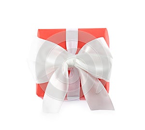 Beautiful gift box with ribbon bow isolated on white, top view
