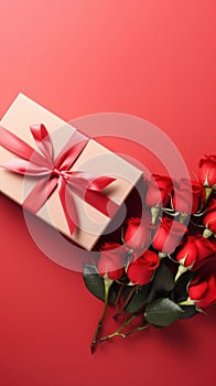 Beautiful gift box and roses on red background, flat lay with space for text. Valentine\'s day. Top view