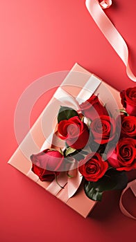 Beautiful gift box and roses on red background, flat lay with space for text. Valentine\'s day. Top view