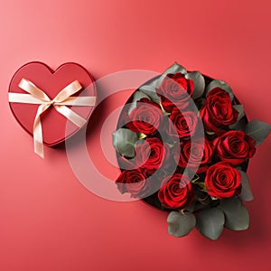 Beautiful gift box and roses on red background, flat lay with space for text. Valentine\'s day. Top view