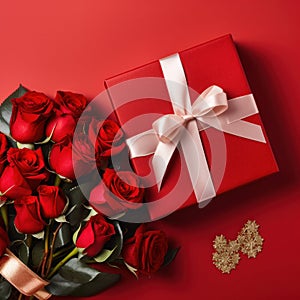 Beautiful gift box and roses on red background, flat lay with space for text. Valentine\'s day. Top view