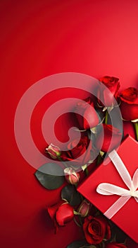 Beautiful gift box and roses on red background, flat lay with space for text. Valentine\'s day. Top view