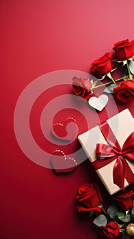 Beautiful gift box and roses on red background, flat lay with space for text. Valentine\'s day. Top view