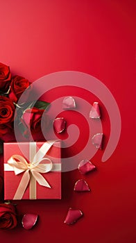 Beautiful gift box and roses on red background, flat lay with space for text. Valentine\'s day. Top view