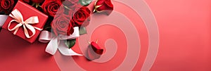 Beautiful gift box and roses on red background, flat lay with space for text. Valentine\'s day. Top view