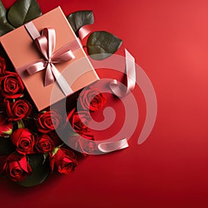 Beautiful gift box and roses on red background, flat lay with space for text. Valentine\'s day. Top view