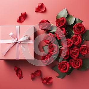 Beautiful gift box and roses on red background, flat lay with space for text. Valentine\'s day. Top view