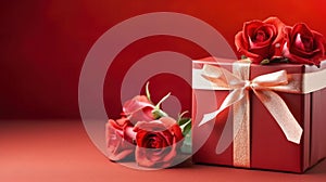 Beautiful gift box and roses on red background for Valentines day, flat lay with space for text