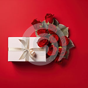 Beautiful gift box and roses on red background for Valentines day, flat lay with space for text