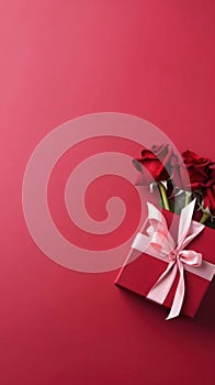 Beautiful gift box and roses on red background for Valentines day, flat lay with space for text