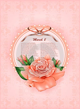 Beautiful gift card with pastel rose and gift bow