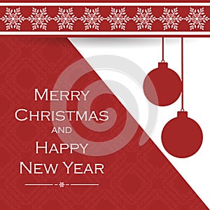 Beautiful gift card with snowflakes and hanging Christmas balls. Elegant background for New Year`s design. Merry Christmas and Hap