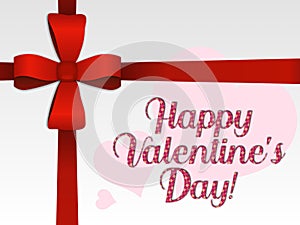 beautiful gift card with text of happy valentines day with red ribbon and beautiful diamond texture on a text.