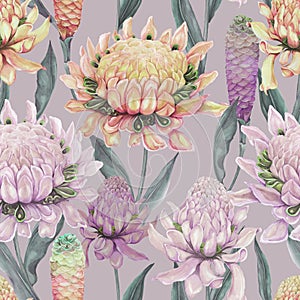 Beautiful ginger flower with green leaves on gray background. Seamless floral pattern. Watercolor painting
