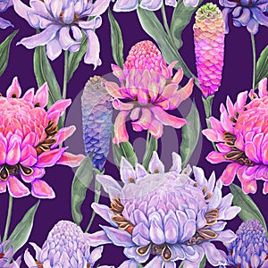 Beautiful ginger flower with green leaves on purple background. Seamless floral pattern. Watercolor painting