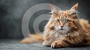 Beautiful ginger maine coon cat lying on grey background. photo