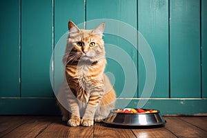 Beautiful ginger striped cat sitting by a bowl of dry kibble pet food by a blue wall