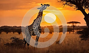 Beautiful giraffe in the african savannah at sunset