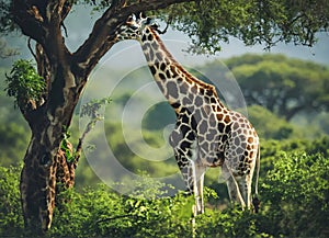 Beautiful giraffe near a green tree in the savannah. Wild nature life