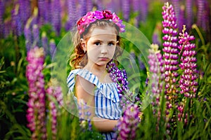 Beautiful girl 5 years old in the field with lupins. A meadow with purple flowers and a little girl with a wreath on her head. A