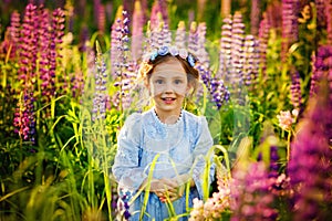 Beautiful girl 5 years old in the field with lupins. A meadow with purple flowers and a little girl with a wreath on her head. A