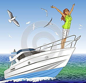 Beautiful girl with arms outstretched on yacht dec