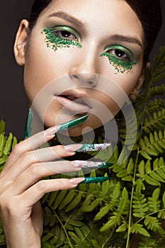 Beautiful girl with art make-up, fern leaves and long nails. Manicure design. The beauty of the face.