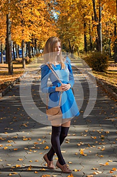 Beautiful girl with a bag in a short dress and leggings walking along the path in autumn Park