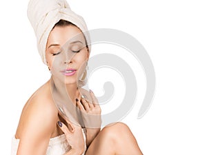 Beautiful Girl After Bath Touching Her Face. Perfect Skin. Skincare. Young Skin. Girl Pleased with the Results from the