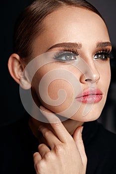 Beautiful Girl With Beauty Face, Makeup And Long Black Eyelashes