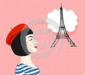 A beautiful girl in a beret dreams of Paris. Vector.