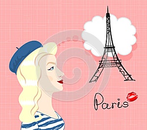 A beautiful girl in a beret dreams of Paris. Vector.