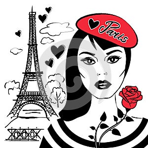 Beautiful girl in beret with symbol France-Eiffel tower