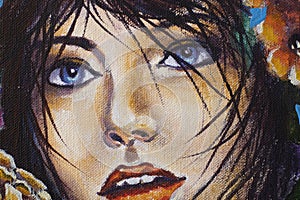 Beautiful girl with big blue eyes - portrait in oil on canvas close-up