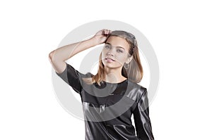 Beautiful girl black dress pose style glasses, portrait attractive isolated