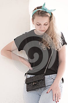 Beautiful girl in black t-shirt portrait