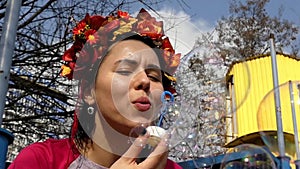 Beautiful Girl Blow Bubbles in Slow Motion.