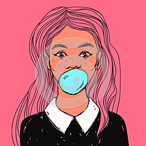 Beautiful girl with bubble gum, long hair and white collar. Vector hand drawn pop art illustration.