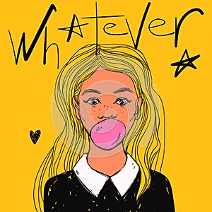 Beautiful girl with bubble gum, long hair and white collar. Vector hand drawn pop art illustration and Whatever text.