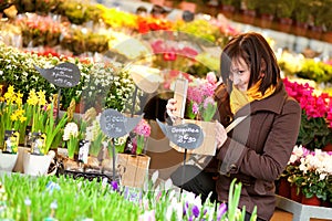 Beautiful girl buying flowers at flower market