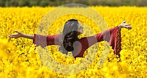 Beautiful girl in canola field