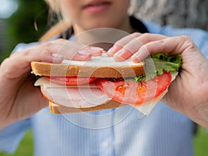 A beautiful girl in casual clothes sits on the lawn with a sandwich in her hands and is going to eat. Portrait of a