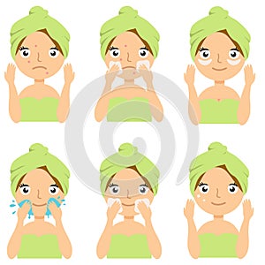 Beautiful girl cleaning and care her face with various actions. Vector illustration set isolated on white background.