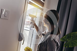 Beautiful Girl Cleaning Window by spraying Cleaning Products and wiping with Sponge