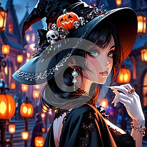 Beautiful girl in clothes full of Halloween themed accessories photo