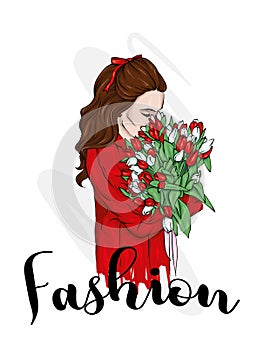 Beautiful girl in a coat with a bouquet of tulips. Women`s fashion and spring flowers. photo