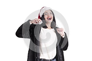 Beautiful girl coat santa hat isolated