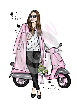 Beautiful girl and a cool motorcycle. Biker. Stylish woman. Fashion and style, clothes and accessories.