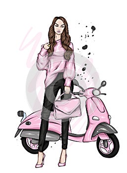 Beautiful girl and a cool motorcycle. Biker. Stylish woman. Fashion and style, clothes and accessories.